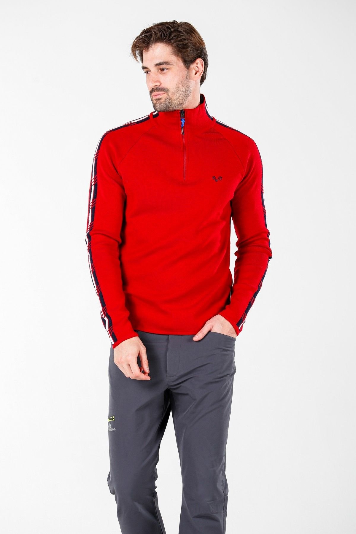 Woolona 100% Merinos Yün NOYAN Kırmızı 1/4 Fermuarlı Kazak