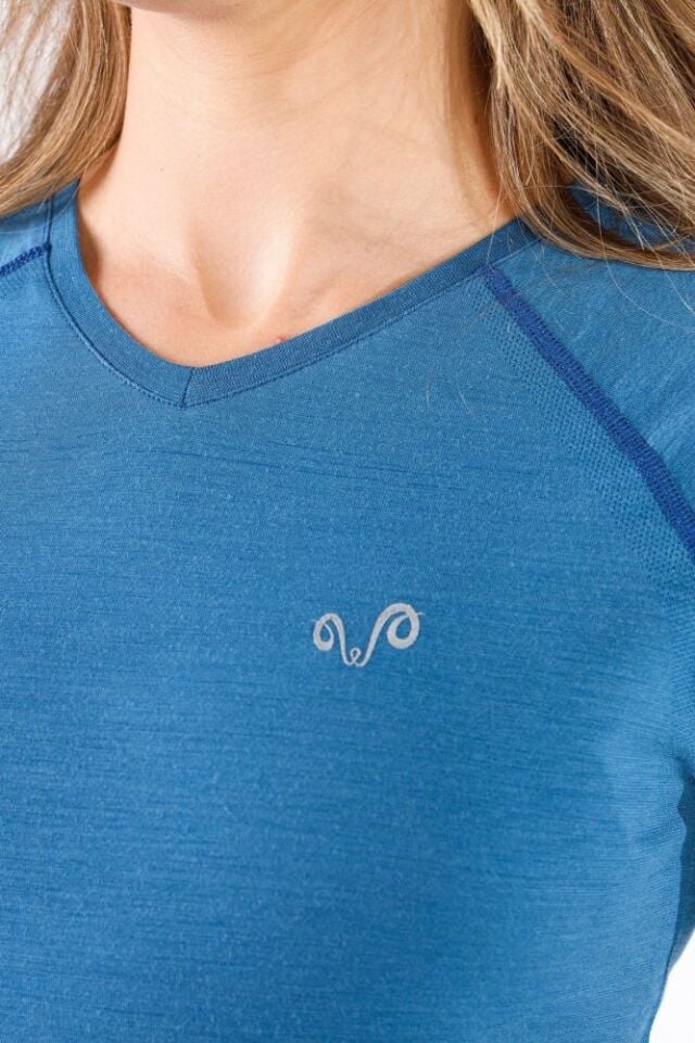 Woolona 100% Merinos Yün Elma Mavi Kadın Kısa Kollu Yuvarlak Yaka Tshirt