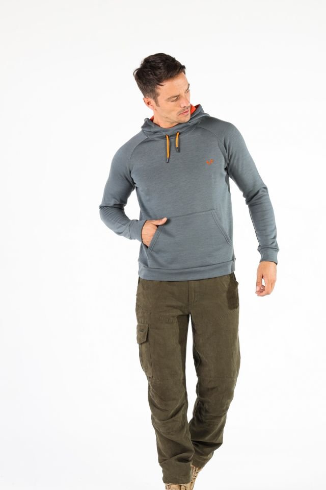 Woolona 100% Merinos Yün SCOUT Gri Kanguru Cepli Hoody