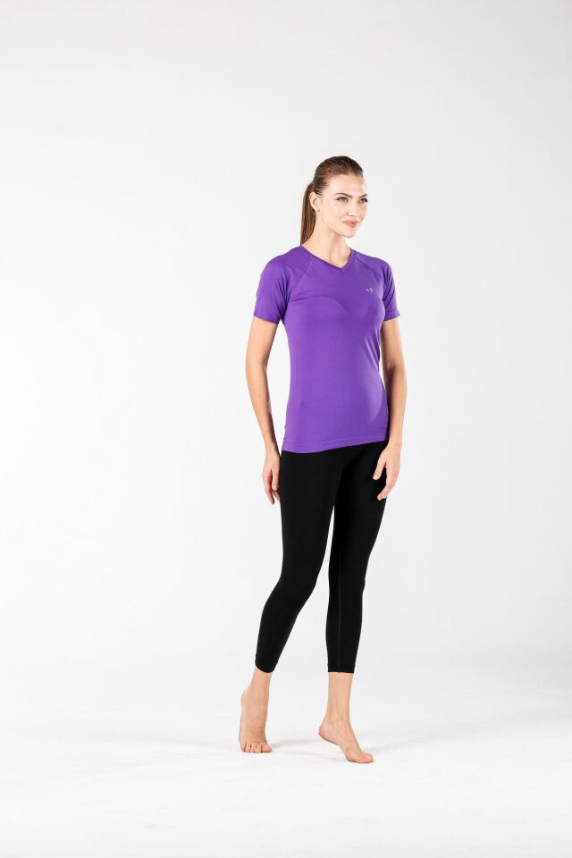 Woolona 100% Merinos Yün Elma Mor Kadın Kısa Kollu Yuvarlak Yaka Tshirt