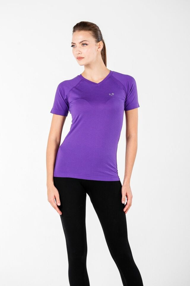 Woolona 100% Merinos Yün Elma Mor Kadın Kısa Kollu Yuvarlak Yaka Tshirt