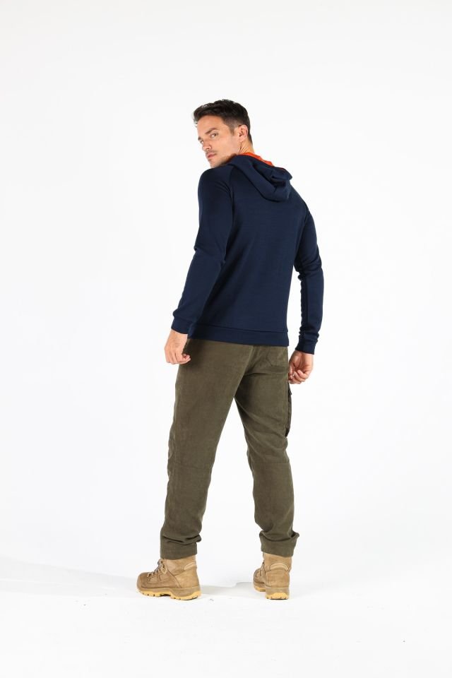 Woolona 100% Merinos Yün SCOUT Lacivert Kanguru Cepli Hoody