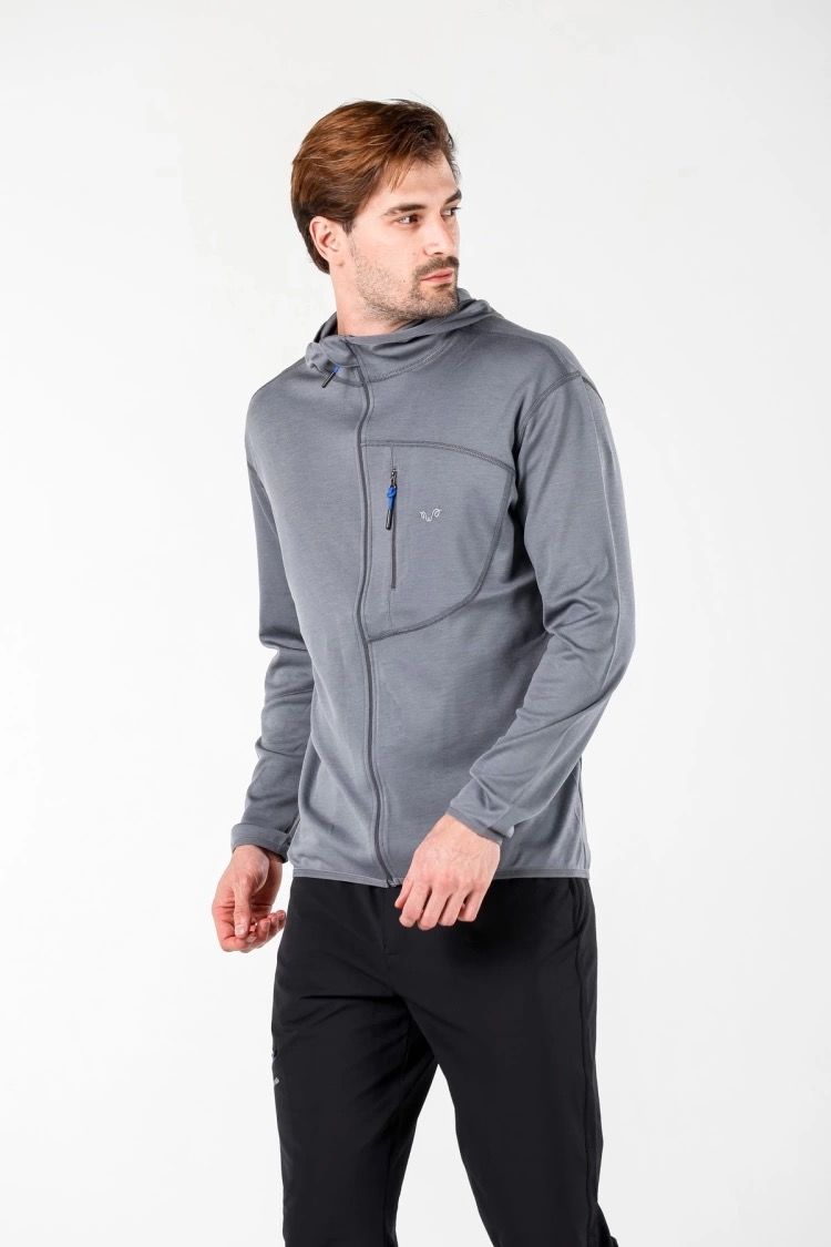 Woolona 100% Merinos Yün MAESTRO Gri Fermuarlı Hoody