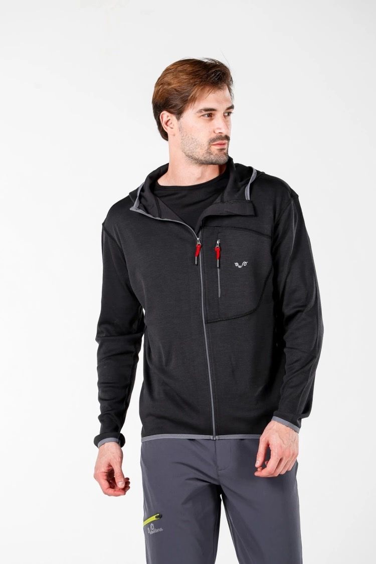 Woolona 100% Merinos Yün MAESTRO Siyah Fermuarlı Hoody
