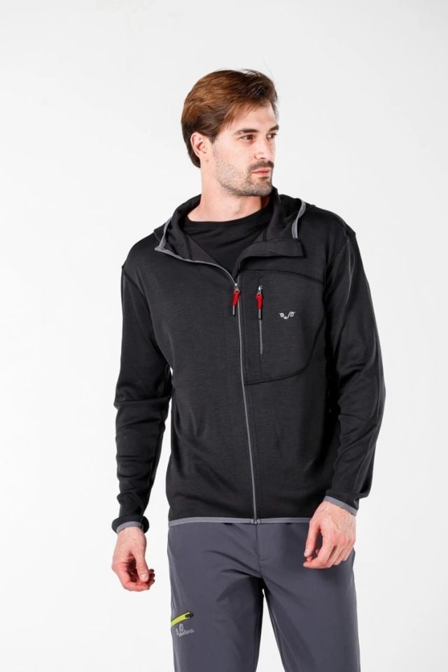 Woolona 100% Merinos Yün MAESTRO Siyah Fermuarlı Hoody