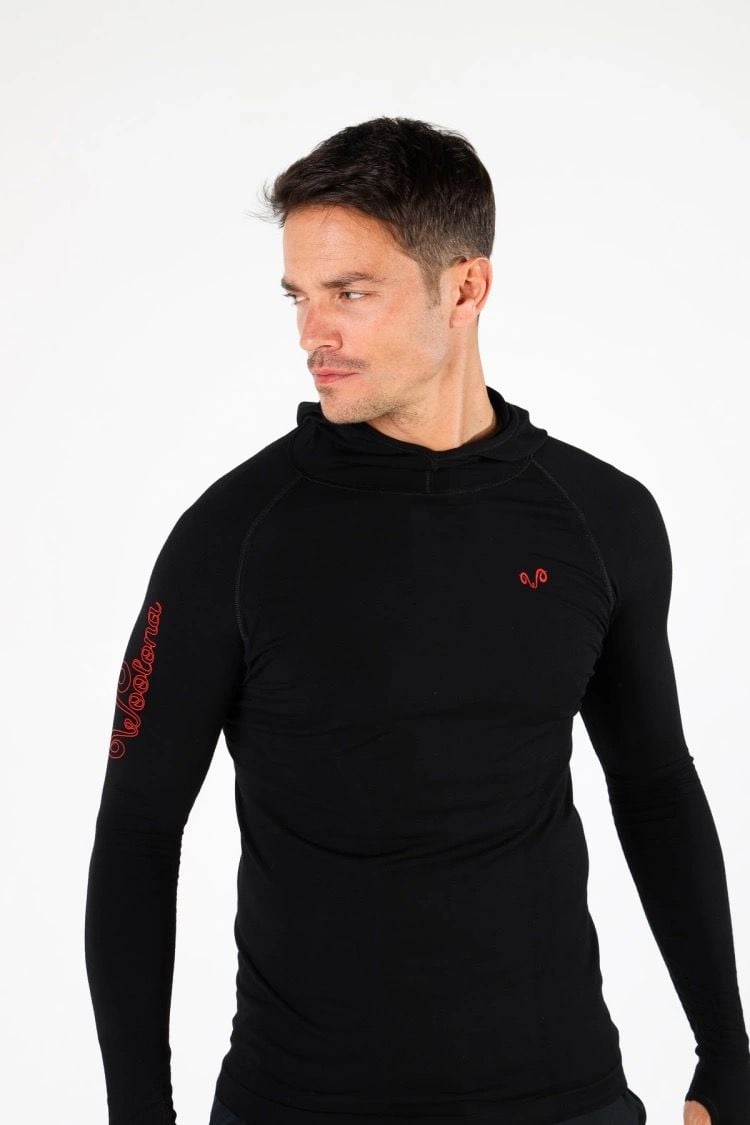 Woolona 100% Merinos Yün Pakke Uzun Kollu Termal Kapüşonlu İçlik Siyah