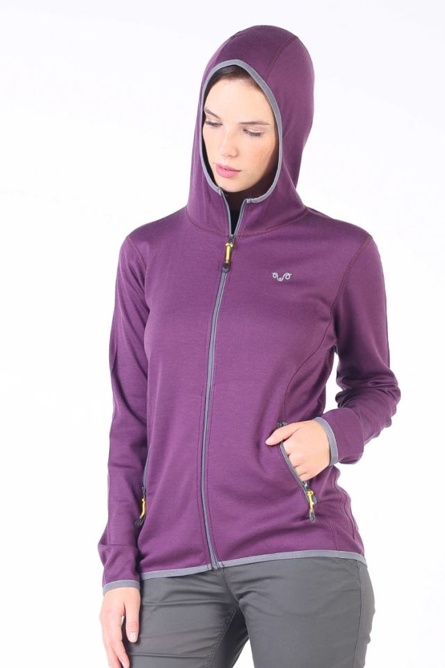 Woolona 100% Merinos Yün MARİN  Mor Fermuarlı Hoody