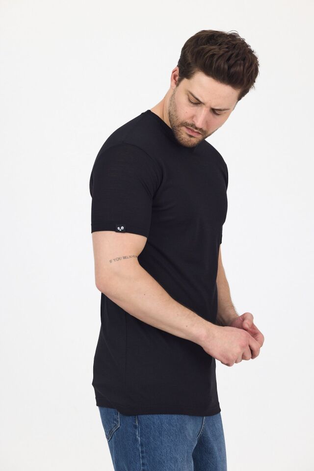 RELAX - %100 MERİNOS YÜNÜ ERKEK T-SHİRT SİYAH