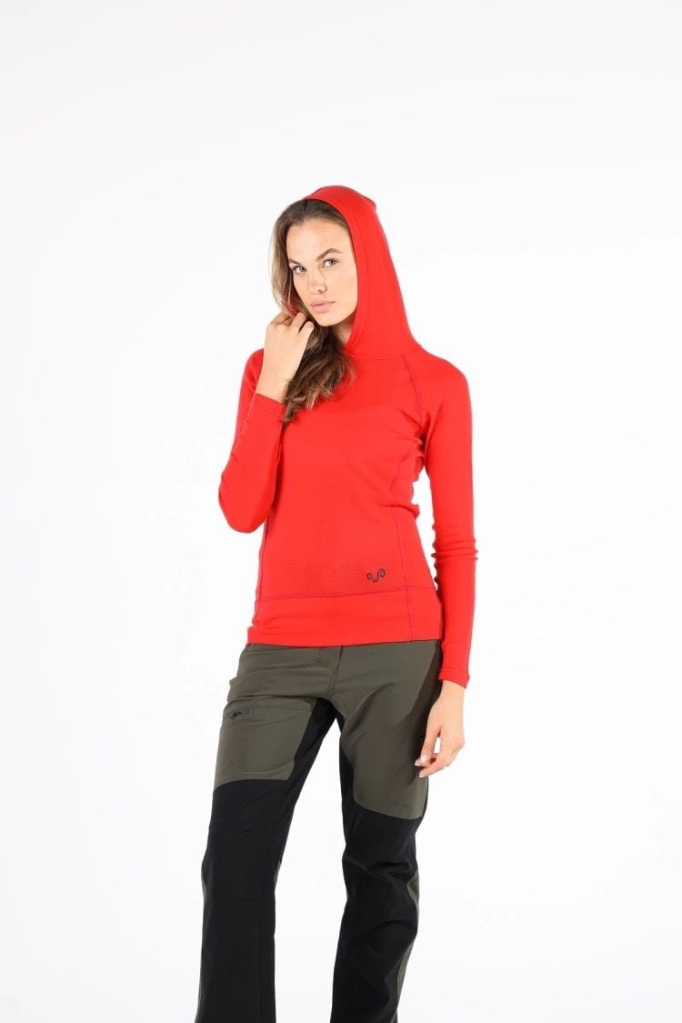 Woolona 100% Merinos Yün Sonatra Hoodie Kırmızı Uzun Kollu Termal İçlik