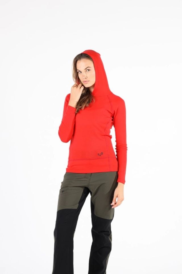 Woolona 100% Merinos Yün Sonatra Hoodie Kırmızı Uzun Kollu Termal İçlik