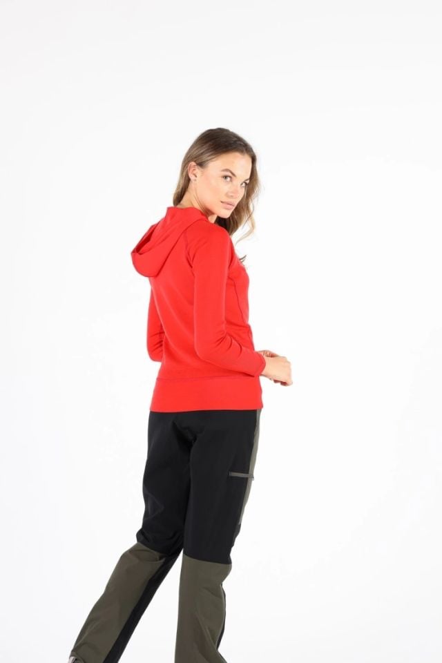 Woolona 100% Merinos Yün Sonatra Hoodie Kırmızı Uzun Kollu Termal İçlik
