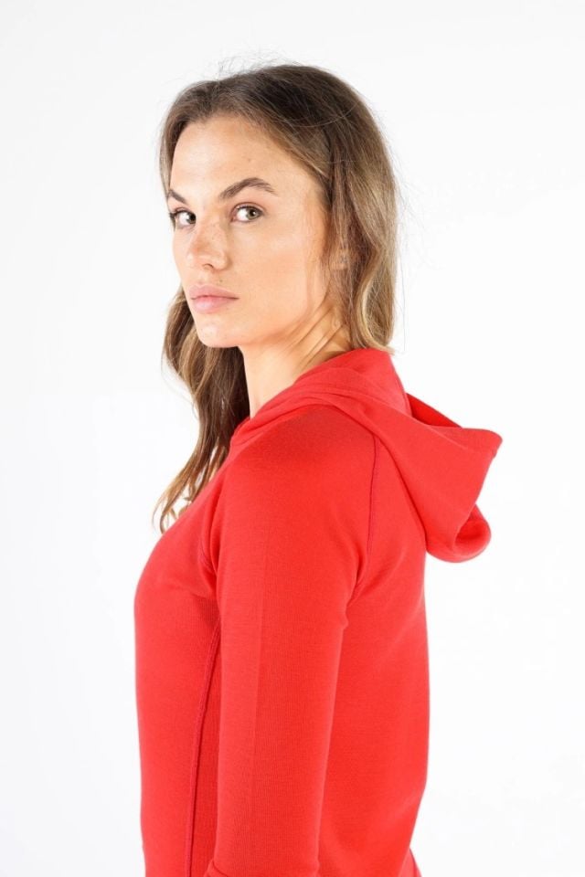 Woolona 100% Merinos Yün Sonatra Hoodie Kırmızı Uzun Kollu Termal İçlik