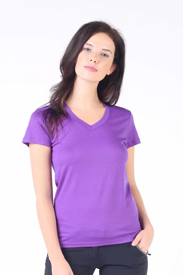 Woolona 100% Merinos Yün Calima Mor Kadın Kısa Kollu V Yaka Tshirt