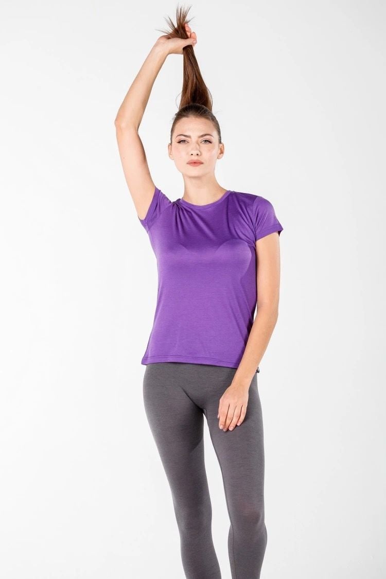 Woolona 100% Merinos Yün Pera Mor Kadın Kısa Kollu Yuvarlak Yaka Tshirt