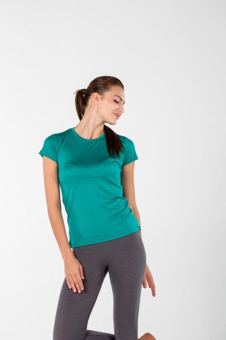 Woolona 100% Merinos Yün Pera Yeşil Kadın Kısa Kollu Yuvarlak Yaka Tshirt