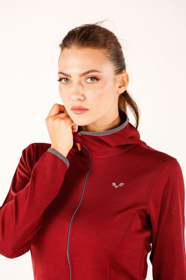 Woolona 100% Merinos Yün MARİN  Mürdüm Fermuarlı Hoody