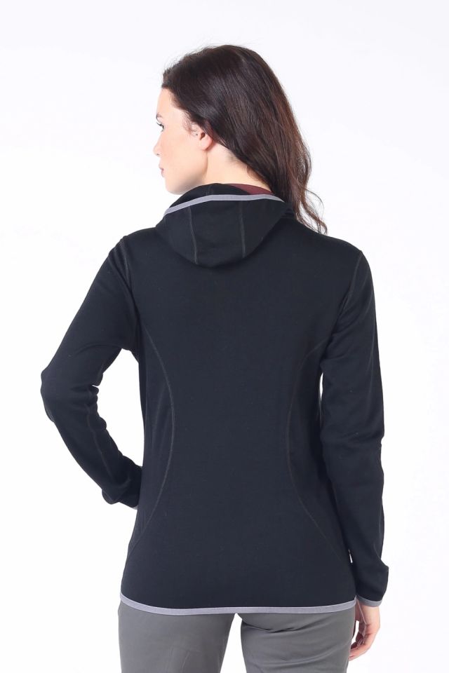Woolona 100% Merinos Yün MARİN Siyah Fermuarlı Hoody
