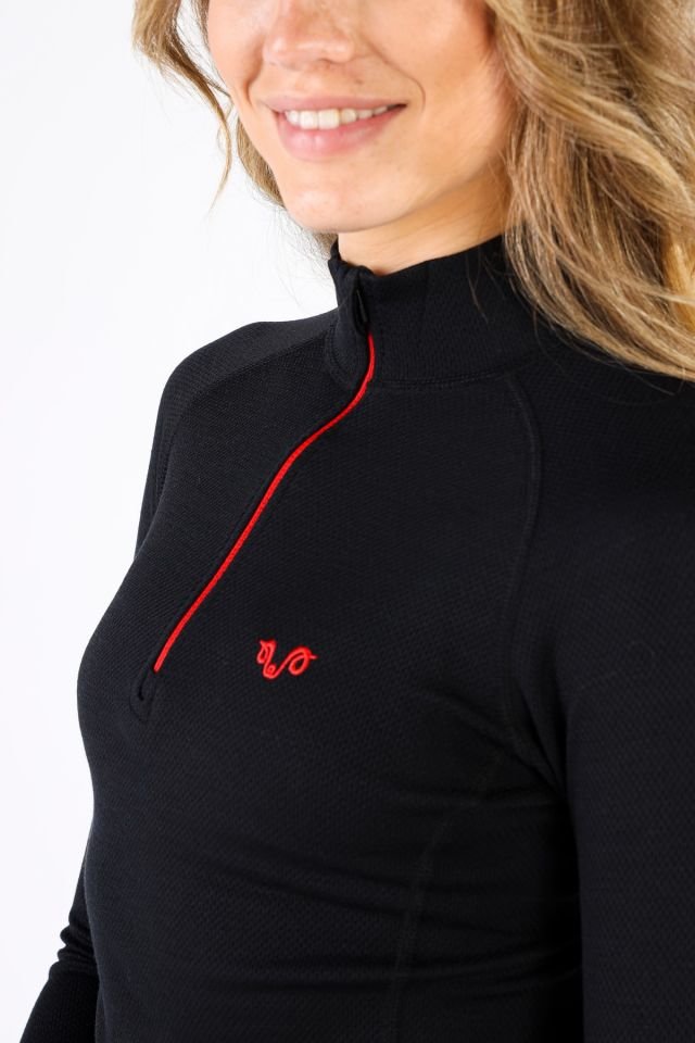 Woolona 100% Merinos Yün LORİCA Siyah 1/4 Fermuarlı Termal Üst İçlik