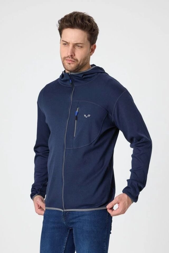 Woolona 100% Merinos Yün MAESTRO Navy Fermuarlı Hoody