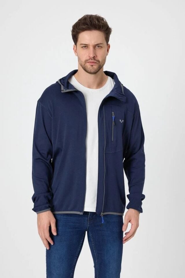 Woolona 100% Merinos Yün MAESTRO Navy Fermuarlı Hoody