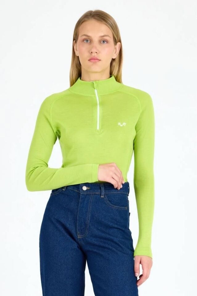 Woolona 100% Merinos Yün VEGA Bright Green 1/4 Fermuarlı Termal Üst İçlik