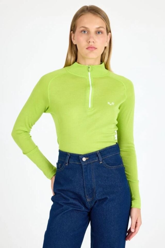 Woolona 100% Merinos Yün VEGA Bright Green 1/4 Fermuarlı Termal Üst İçlik